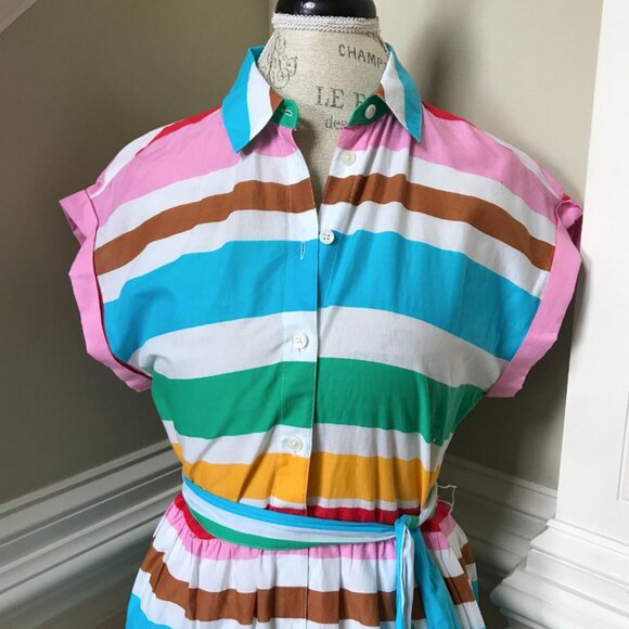 NWT JCrew Midi Stripe Shirt Dress Womens 00 Pink Blue Rainbow Short Sleeve NEW - Picture 7 of 12